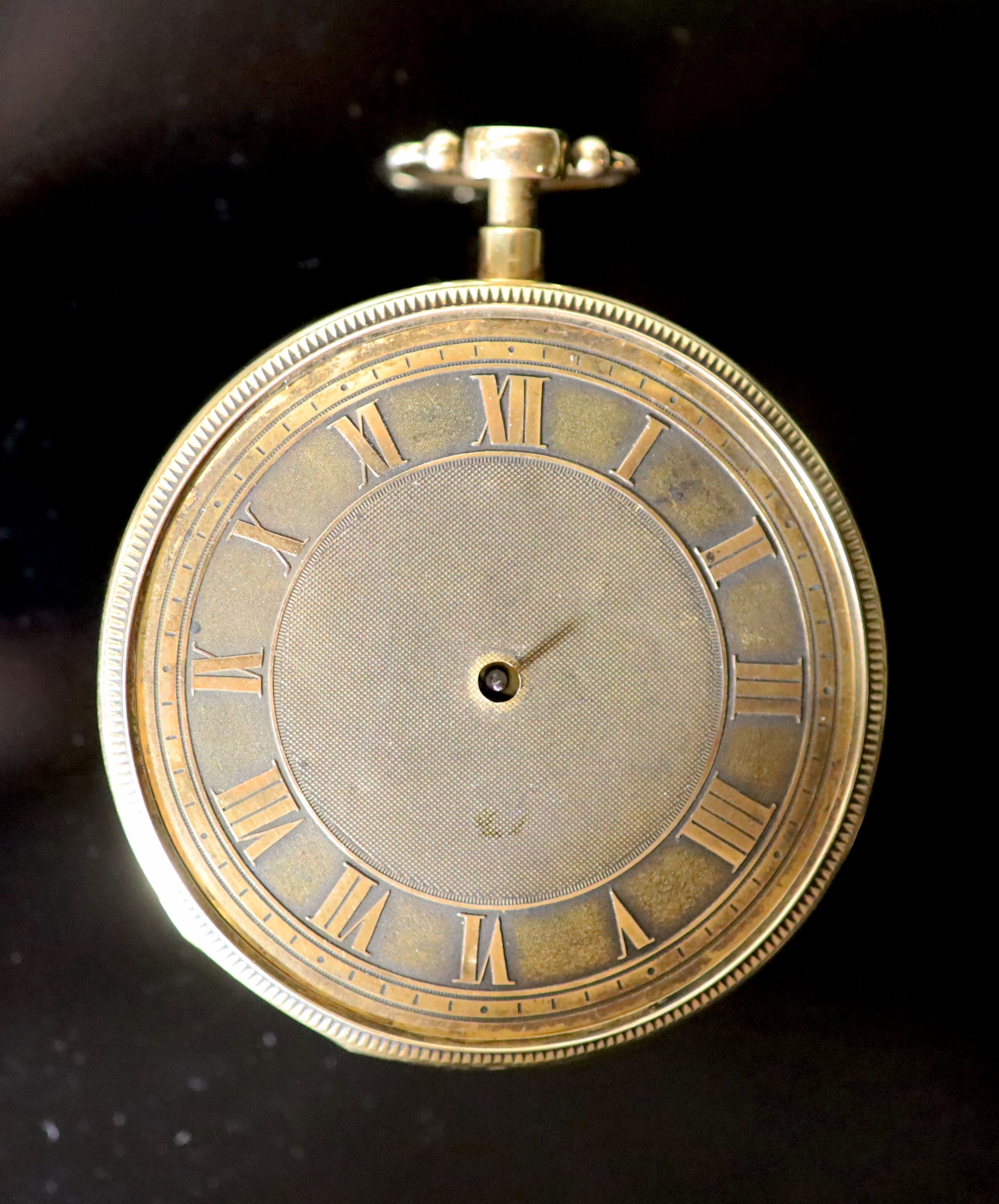 An early 19th century Swiss or French engine turned gold (tests as 18ct) musical open face keywind pocket watch (a.f.),